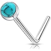 EQFE G23 Titanium Nose Rings 3MM Turquoise Moonstone L Shape Nose Rings Studs 20G 14K Gold Hypoallergenic Handmade Nose Piercings Jewelry for Women Men