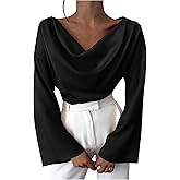 MakeMeChic Women's Cowl Neck Satin Blouse Bell Sleeve Drop Shoulder Elegant Blouse Work Tops Fall Clothes