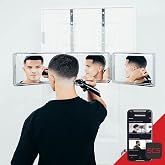 Self-Cut System 3-Way Mirror Heaven Lights - 360-Degree Portable Trifold Mirror with Rechargeable LED Lights for Mens Haircuts, Chrome-Plated Glass Panel, Adjustable Hooks, Foldable Design, Black