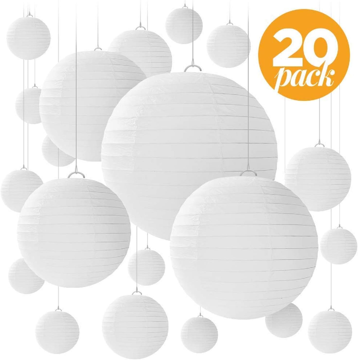 Fangoo 20 PCS White Round Paper Lanterns with Wire Ribbing, Different Sized White Lampshades for Weddings, Birthdays,Parties,Celebrations, Patios, Rooms and Events - Assorted Sizes of 6" 8" 10" 12"
