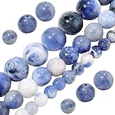 PONABEADIY 1 Box 198PCS Natural Blue Sodalite Beads with Holes Round Gemstone Blue Patterns Smooth Crystal Loose Spacer Bead Strand for Jewelry Making Bracelet Necklace Earrings DIY Crafts Supplies