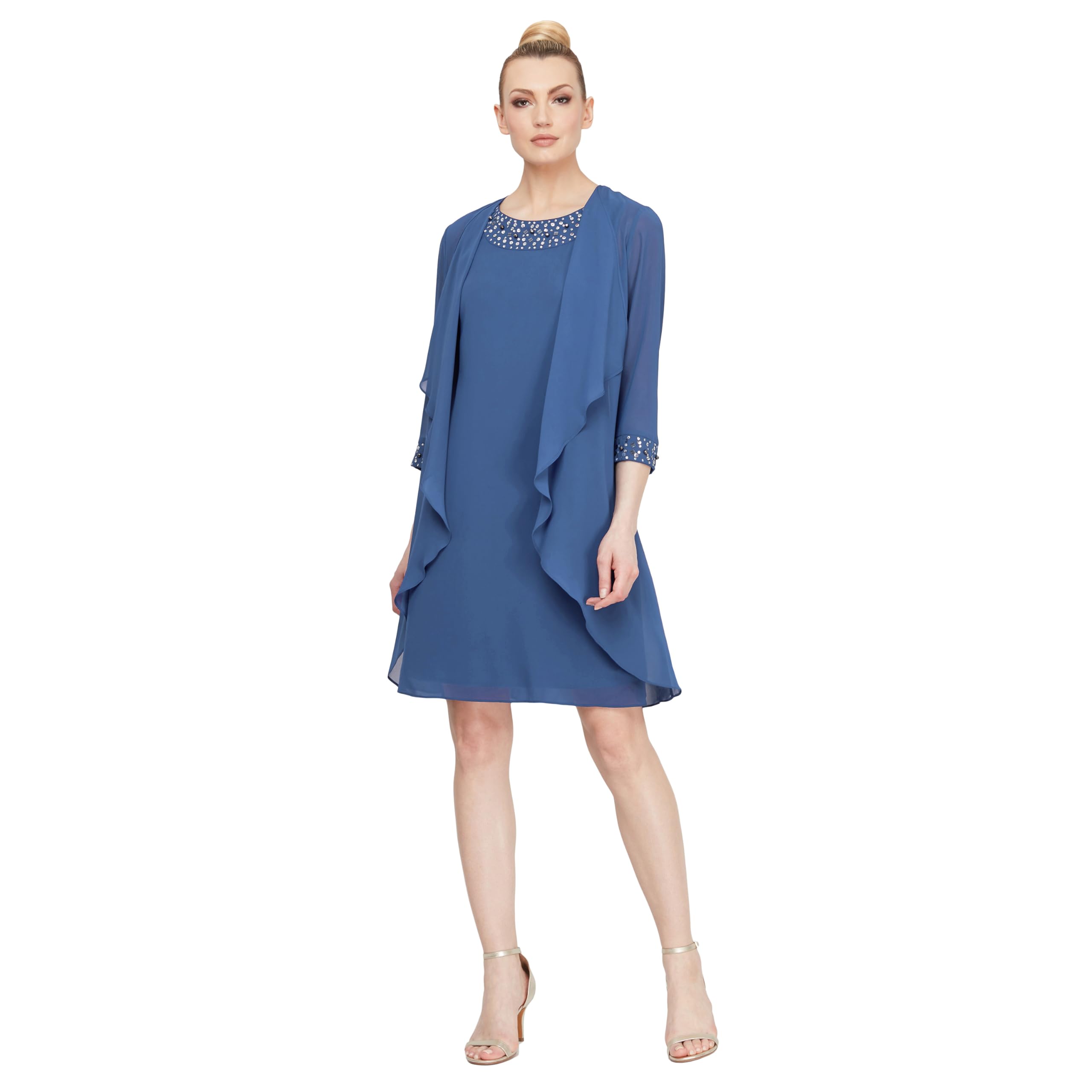 S.L. Fashions Women’s Petite Chiffon Tier Jacket Dress with Bead Neck, Wedgewood, 8P