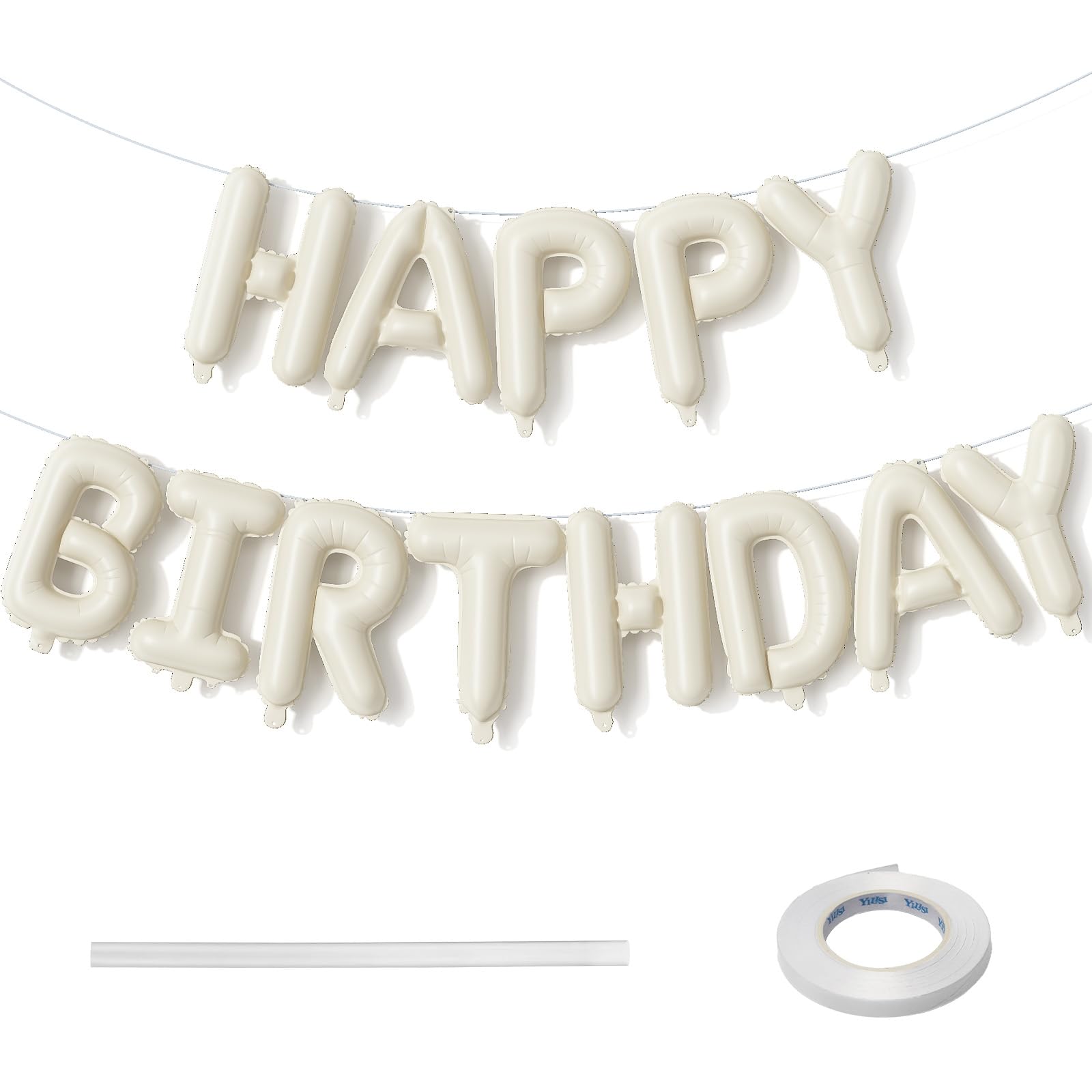 Photo 1 of Cream Happy Birthday Balloon Banner, Neutral Beige Happy Birthday Foil Balloon, 16 Inch Ivory White Sand Born Day Bunting Banner Letter 