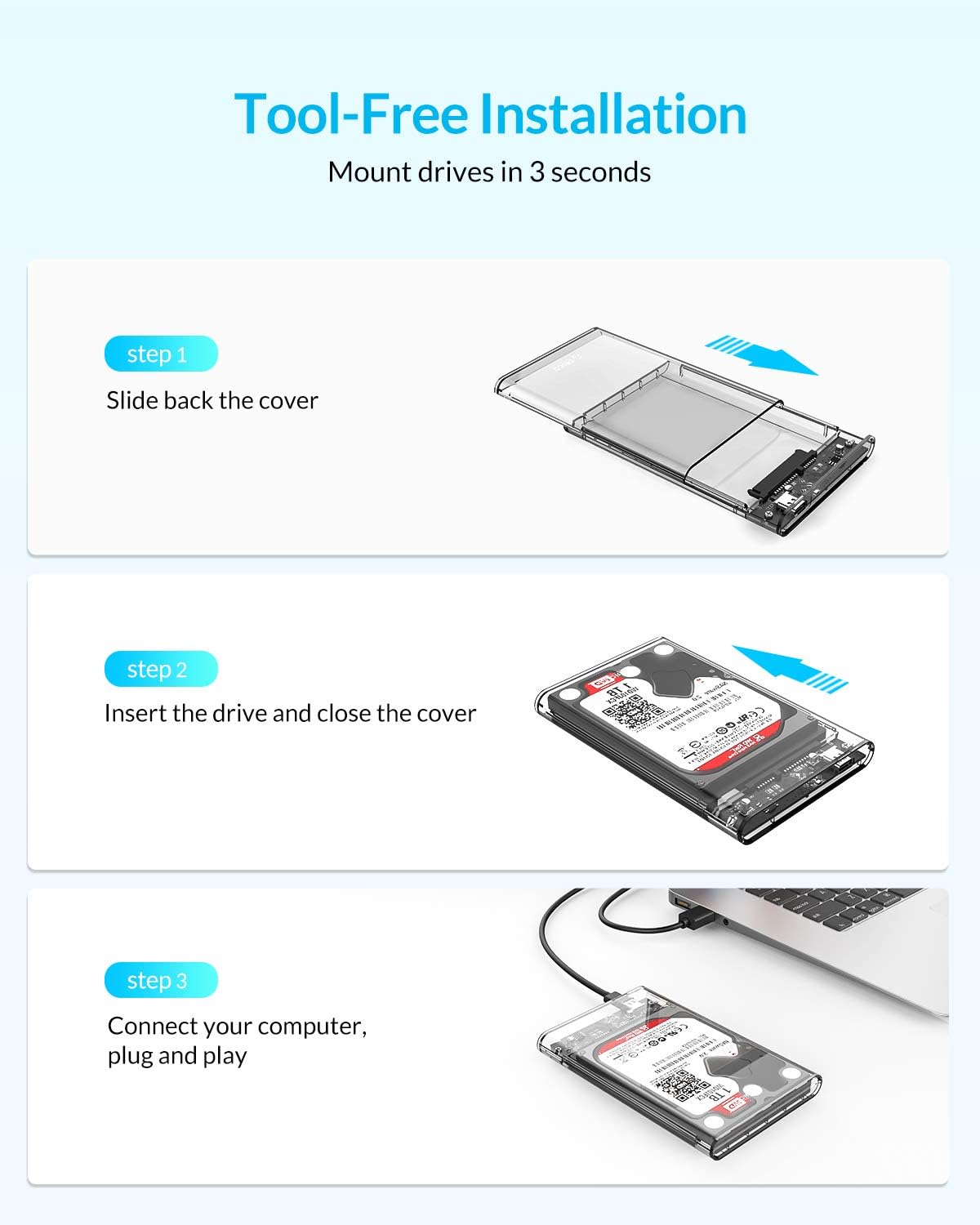 ORICO 2.5 USB 3 External Hard Drive Enclosure, USB3.0 to SATA Portable Clear Hard Disk Case for 2.5 inch 7mm 9.5mm SATA HDD SSD, Support UASP SATA III, Max 4TB, Tool-Free Design - Clear: Computers & Accessories