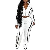 AWASIR Women Striped 2 Piece Outfits Long Sleeve Zip Up Jacket Top and Wide Leg Pants Set Tracksuits with Pocket