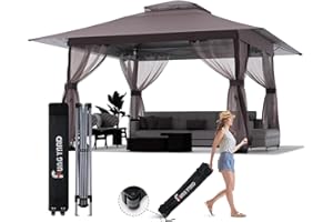 FUNG YARD 13x13 Outdoor Patio Gazebo with Mosquito Nettings - Double Roof Pop Up Canopy Tent with Wheeled Carry Bag, for Backyard Deck Lawns Garden (Brown, 13x13)