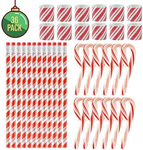 FAVONIR Christmas Party Favor stocking Stuffers 36 Pcs Goody Bag Assortment Peppermint Mini Candy Canes, stationery pencils, Magic Coil Holiday Theme Assortment Kids Activity Toys & Fun Reward Prizes