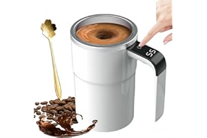 LEROON Electric Coffee Mug with a Built-in LCD Thermometer, Automatic Magnetic Stirring Coffee Mug, 380ML/13OZ, Stainless Steel Self Stirring Cup with Lid, Perfect for Brewing Coffe-e, Milk, Cocoa (White)