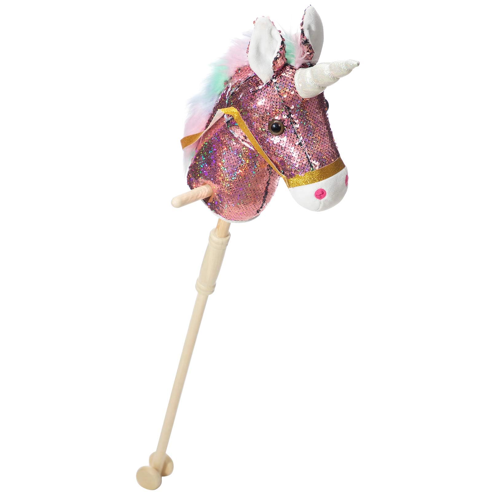 BEJOY Hobby Horse, Sequin Stick Horse with Wood Wheels Horse Toy Real Pony Neighing Galloping Sounds Plush Toy, Unicorn Plush Toy, Sequin Pink 36 inches (AA Batteries Required) — image 1