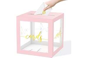 JCTHKUKU Clear Card Box for Party, 8.7" Gold Foil Gift Cards Receiving Box Holder for Wedding, Bridal Shower, Graduation, Birthday, Retirement, Baby Shower, Anniversaries Party Decorations (Pink)
