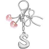 Snycler Bubble Initial Keychain with Bow & Cherry - Silver Letter Bag Charms for Women, Cute Purse Handbag Accessories