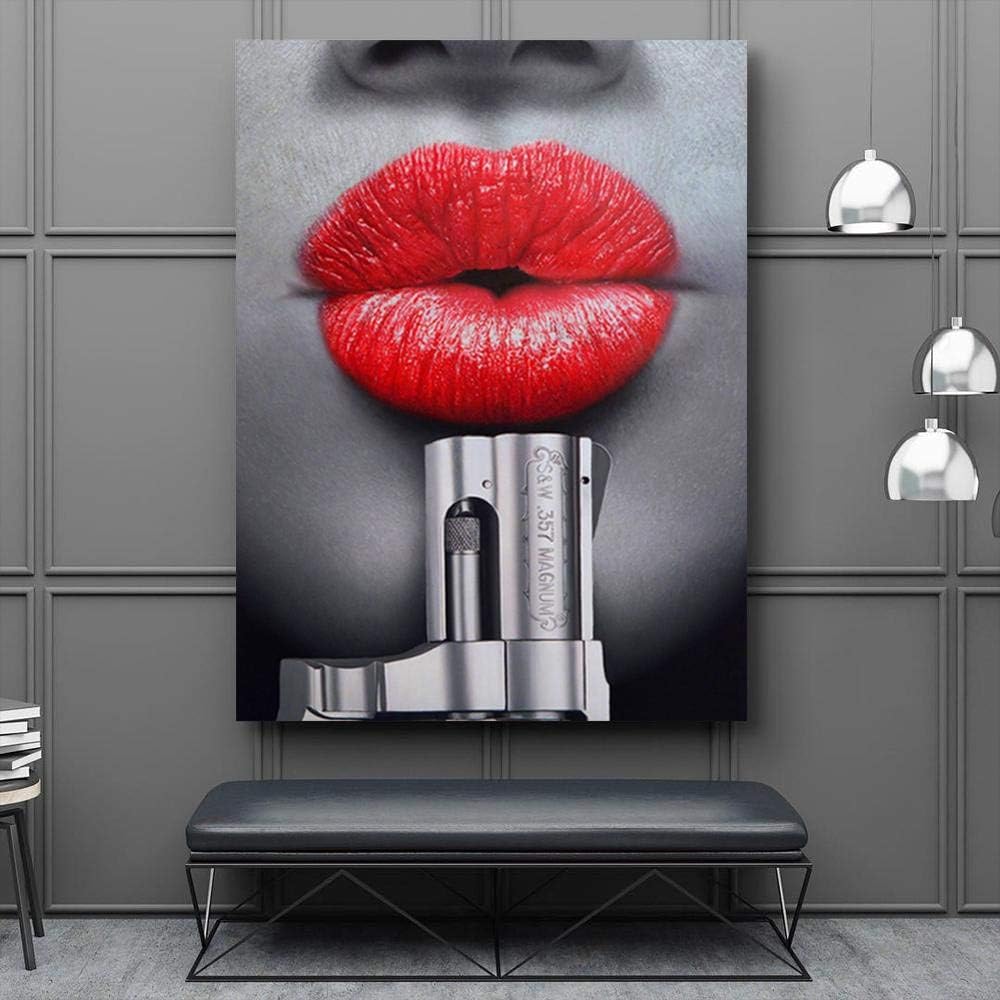 wanmeidp Canvas art red lips with gun poster and prints living room murals modern mural decoration painter 50x75cm