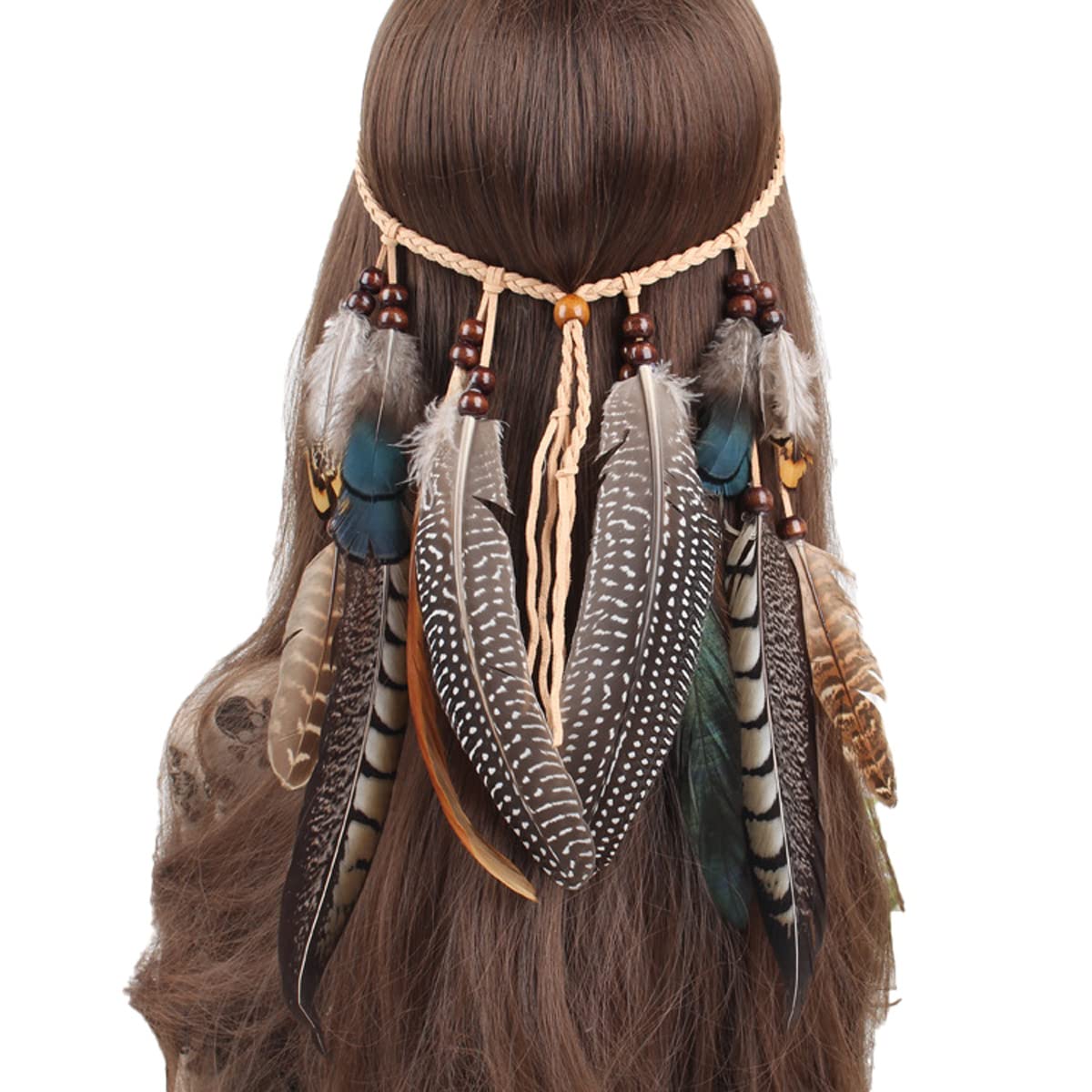 Indian Feather Headdress Necklace Waistband Peacock Hippie Headband Boho Headwear Carnival Head Pieces Hair Accessories Masquerade Fancy Dress for Party Festival (Style 6)