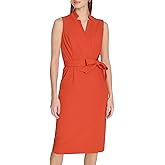 Calvin Klein Womens Sleeveless Stand Collar Tie Waist Crepe Midi Dress