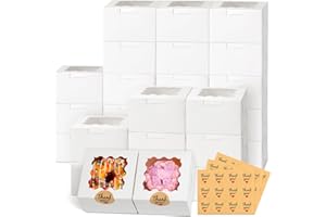 ZYFOTZUN 26pcs White Cookie Boxes with Window, 4x4x2.5 Inches Small Bakery Boxes with 36pcs Stickers, for Mini Cake Cookies Treat Dessert Pastry Donuts Macaroon Strawberries Chocolate Cupcakes Candy