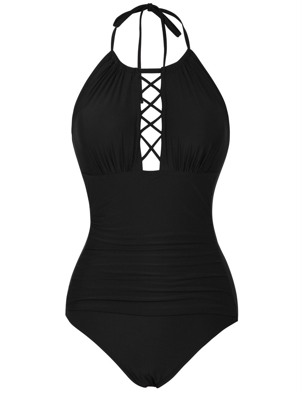Firpearl Women's Halter One Piece Swimsuits High Neck Cutout Ruched Swimwears