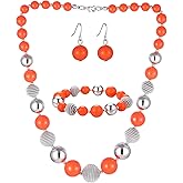 PEARL&CLUB Beaded Chunky Statement Necklace Earring and Bracelet Set Silver Metal Bead Fashion Jewelry Set Mothers’ Day Gifts for Women