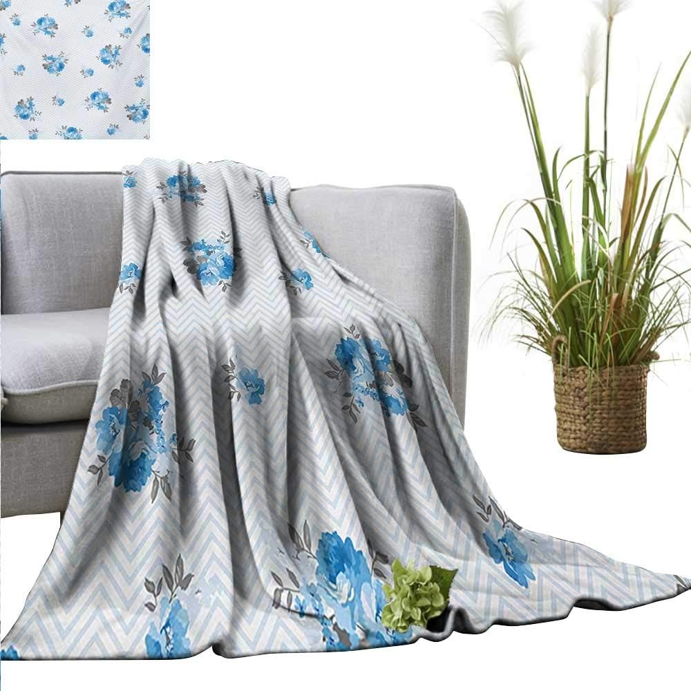 AndyTours Flannel Fleece Blanket，Rose,Floral Theme Illustration of Blue