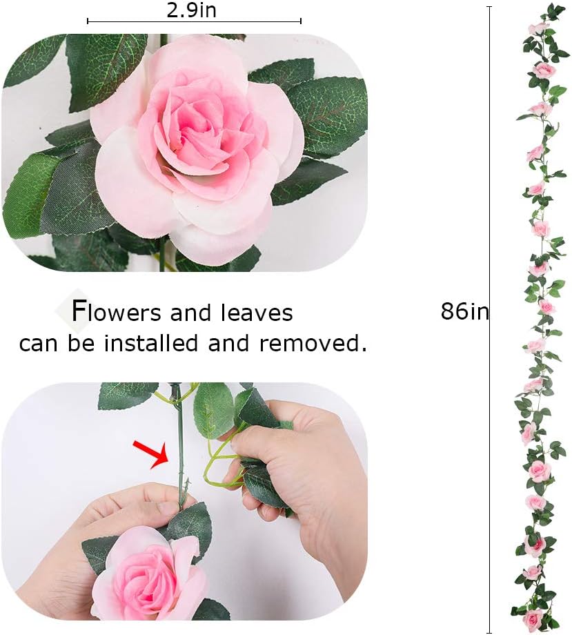LESING Rose Garlands Artificial Rose Vines,4PCS(28.8FT) Fake Silk Flower Garlands with Greenery Plants Wedding Hanging Flower Vines Garlands for Home Office Arch Garden Decoration (Pink) - Image 5