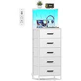 EKNKOZY Nightstand 5 Drawer Dresser with LED Lights, Charging Station, Metal Mesh Shelf with Hooks, Vertical Side Table with Fabric Drawers, End Table, Tall Dresser for Bedroom, Entryway, White