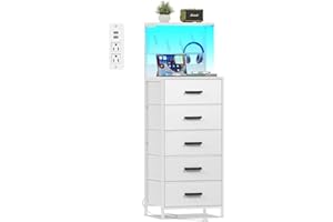EKNKOZY Nightstand 5 Drawer Dresser with LED Lights, Charging Station, Metal Mesh Shelf with Hooks, Vertical Side Table with Fabric Drawers, End Table, Tall Dresser for Bedroom, Entryway, White