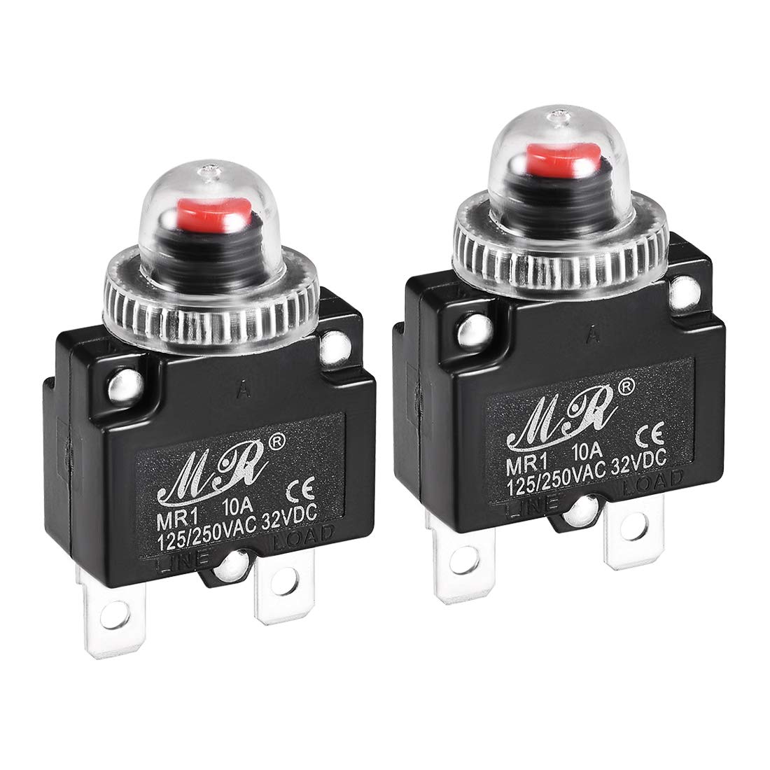 Sourcingmap Thermal Circuit Breakers 10A 125/250V AC 32V DC Push Button Reset Overload Protector Switch with Waterproof Cap 2 Pcs