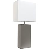 Elegant Designs LT1025-GRY Modern Leather Table Lamp with White Fabric Shade, Gray