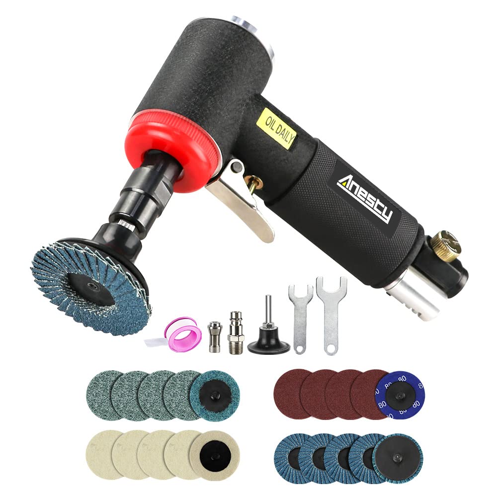Mini Air Angle Die Grinder Kit, 1/4" Right Angle Air Die Grinder with 3mm & 6mm Collets & 20Pcs 2" Quick Change Discs Set, Mini Air Angle Sander Polisher Grinding Tool for Polish Grind Rust Removal