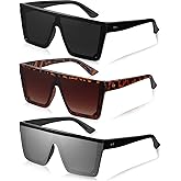 Frienda 3 Pairs Oversized Flat Top Sunglasses Vintage Square Sunglasses Unisex Square Shade Glasses for Men Women(Black, Orange-brown, Gray)