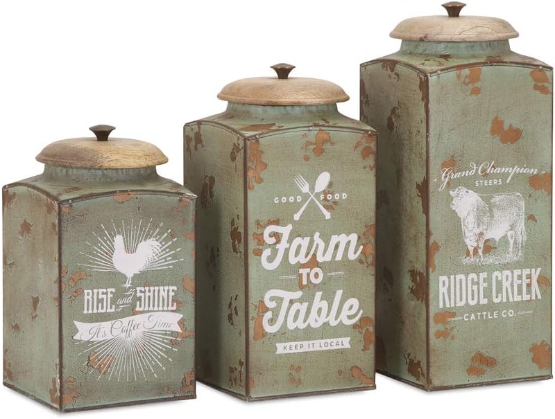 Amazon Com Imax 95727 3 Farmhouse Lidded Metal Canister Set Of 3 Handmade Container With Mango Wood Lid Kitchen Storage Accessories
