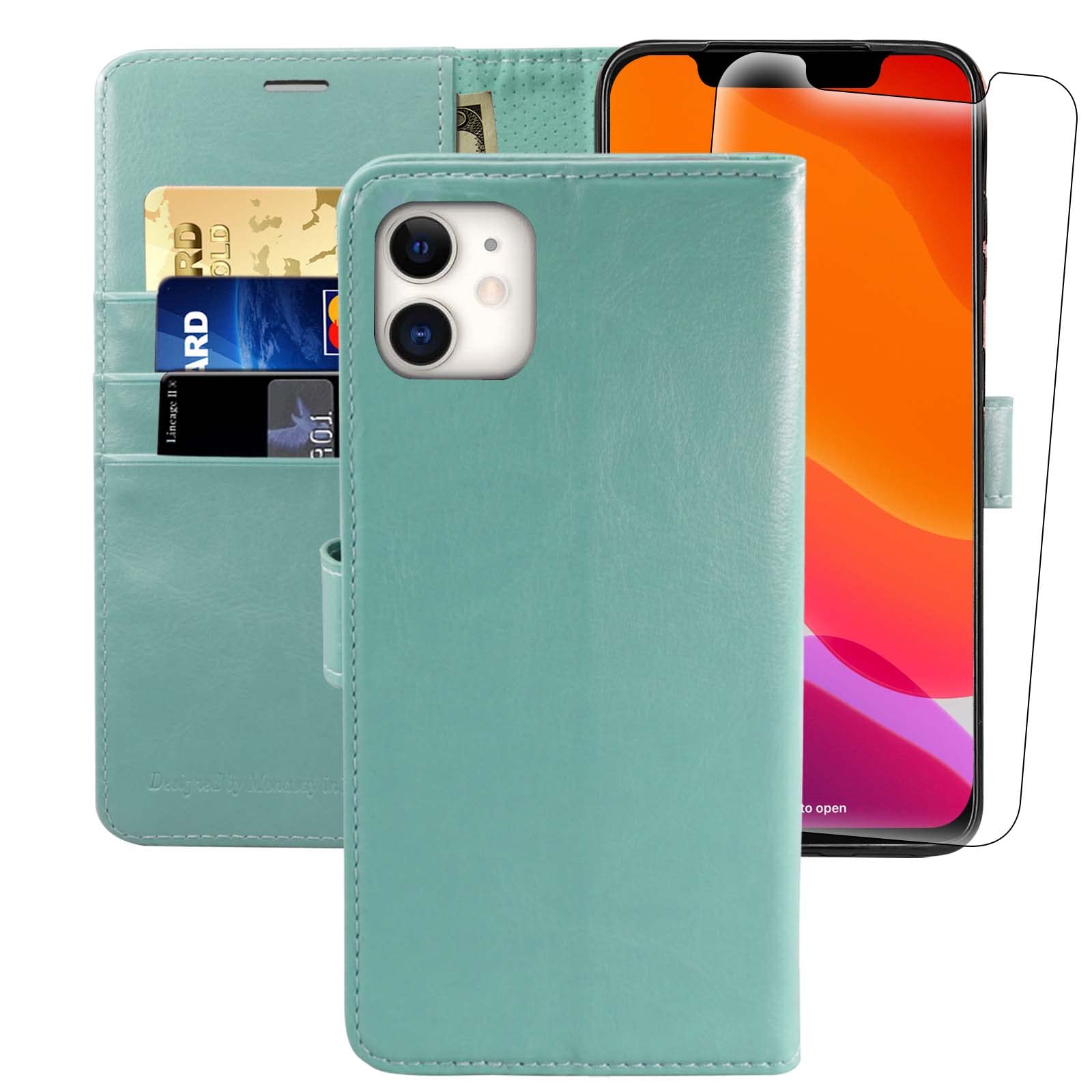 MONASAY iPhone 12 mini Wallet Case,5.4-inch, [Glass Screen Protector Included] [RFID Blocking] Flip Folio Leather Cell Phone Cover with Credit Card Holder for iPhone 12 mini,Mint