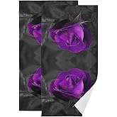 AIYOOLER Hand Towels for Bathroom Set of 2 Vintage Elegant Rose Floral Purple Romantic Flowers Black Leaves Soft Absorbent Bath Towels Decorative Kitchen Guest Dish Towel for Gym,Spa,Hotel 28x14in