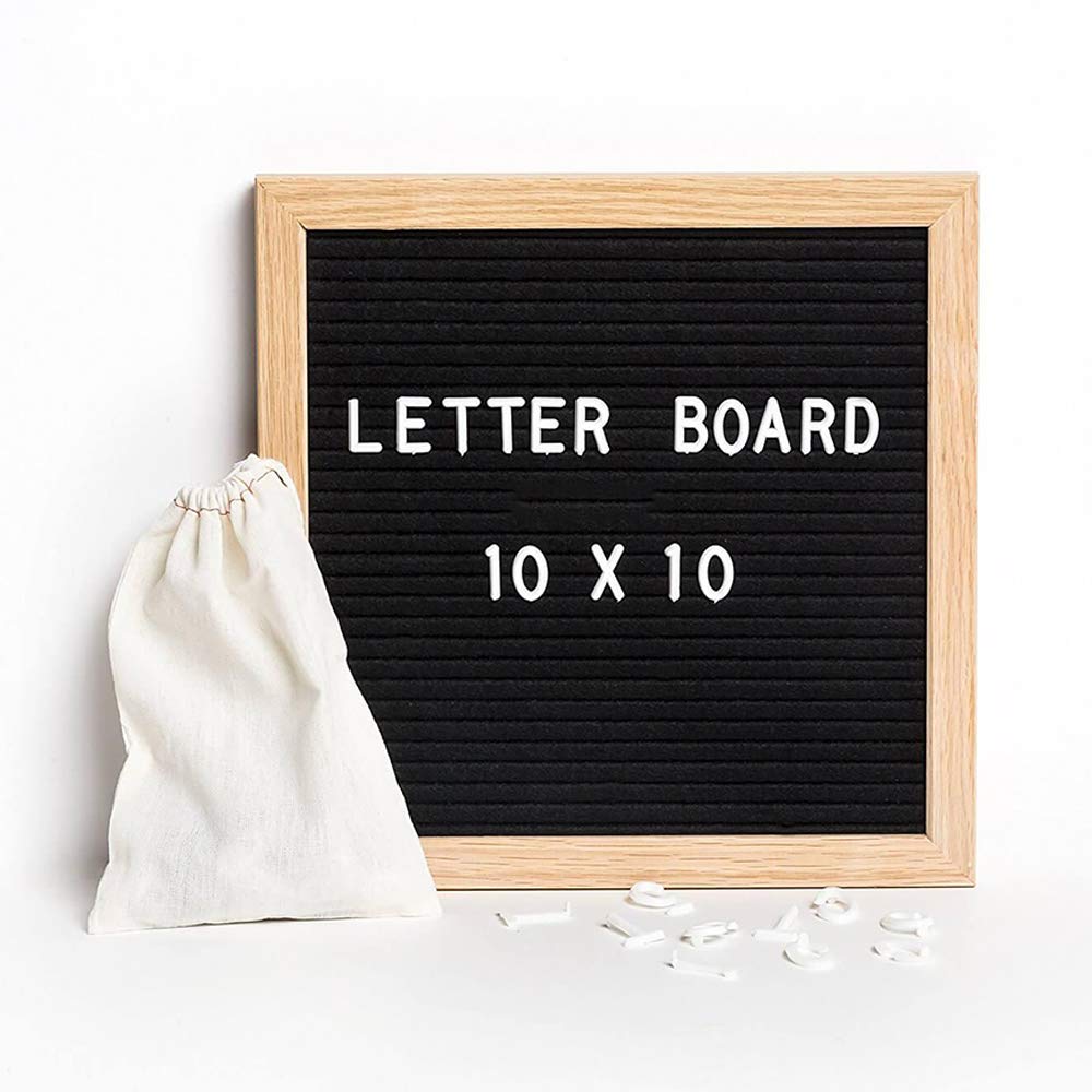 FOME 10x10in Changeable Message Board with 160 Letters, Numbers, Symbols - Oak Frame Stand with Draw String Letter Pouch