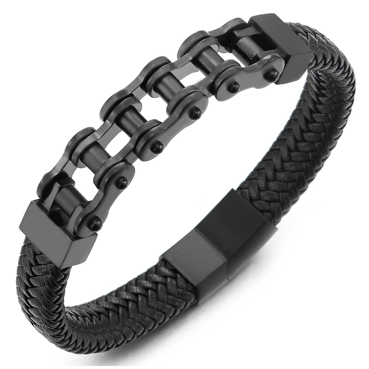 COOLSTEELANDBEYOND Men Stainless Steel Black Motorcycle Bike Chain Bracelet Black Braided Leather Bangle Magnetic Clasp