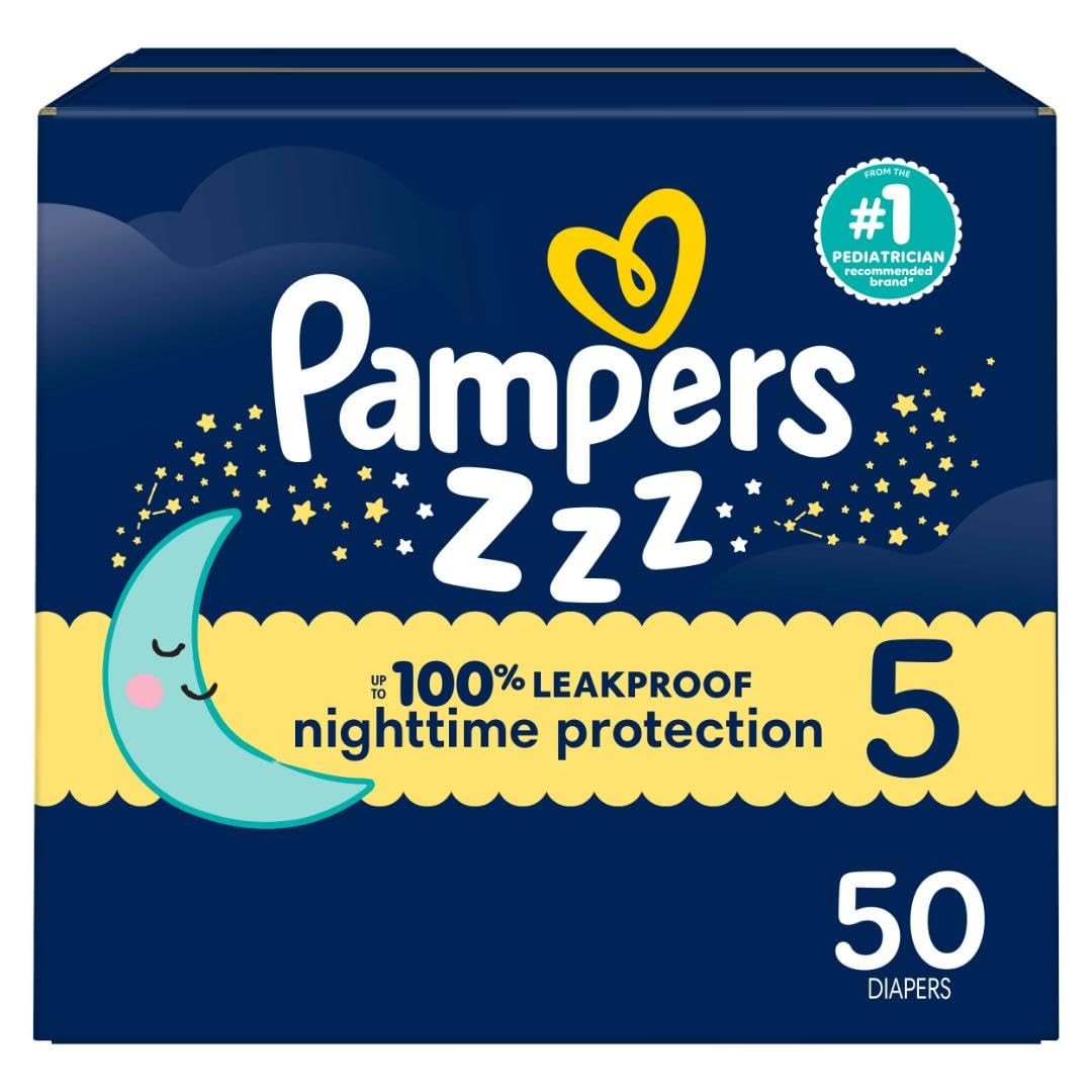 Photo 1 of Pampers ZZZ Overnight Diapers, Size 5 (27+ lbs), 50 Count, Nighttime Protection Disposable Baby Diaper, Night Time Leak and Skin Protection