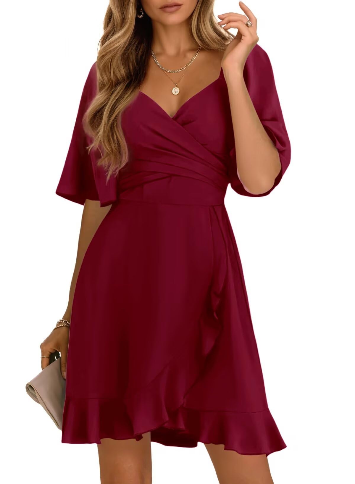 Photo 1 of Dokotoo Womens Ruby Dresses Summer Wrap V Neck Short Sleeve Smocked Elastic Waist Tiered Belted Ruffle Hem Mini Dress Cocktail Dress XXL