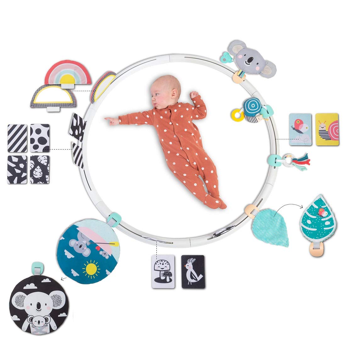 Taf Toys All Around Me Activity Hoop. Sensory Developmental Hoop with 24 Tummy Time Activities Toys including High Contrast Flash Cards & Baby safe Mirror. Suitable for Newborn Babies 0 months +