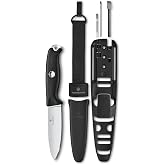 Victorinox Venture Pro Fixed-Blade Full Tang Outdoor Knife, Black | Survival gear with bow drill divot, protective sheath, fire steel, blowtube, hex hole, tweezers, and ballpoint pen