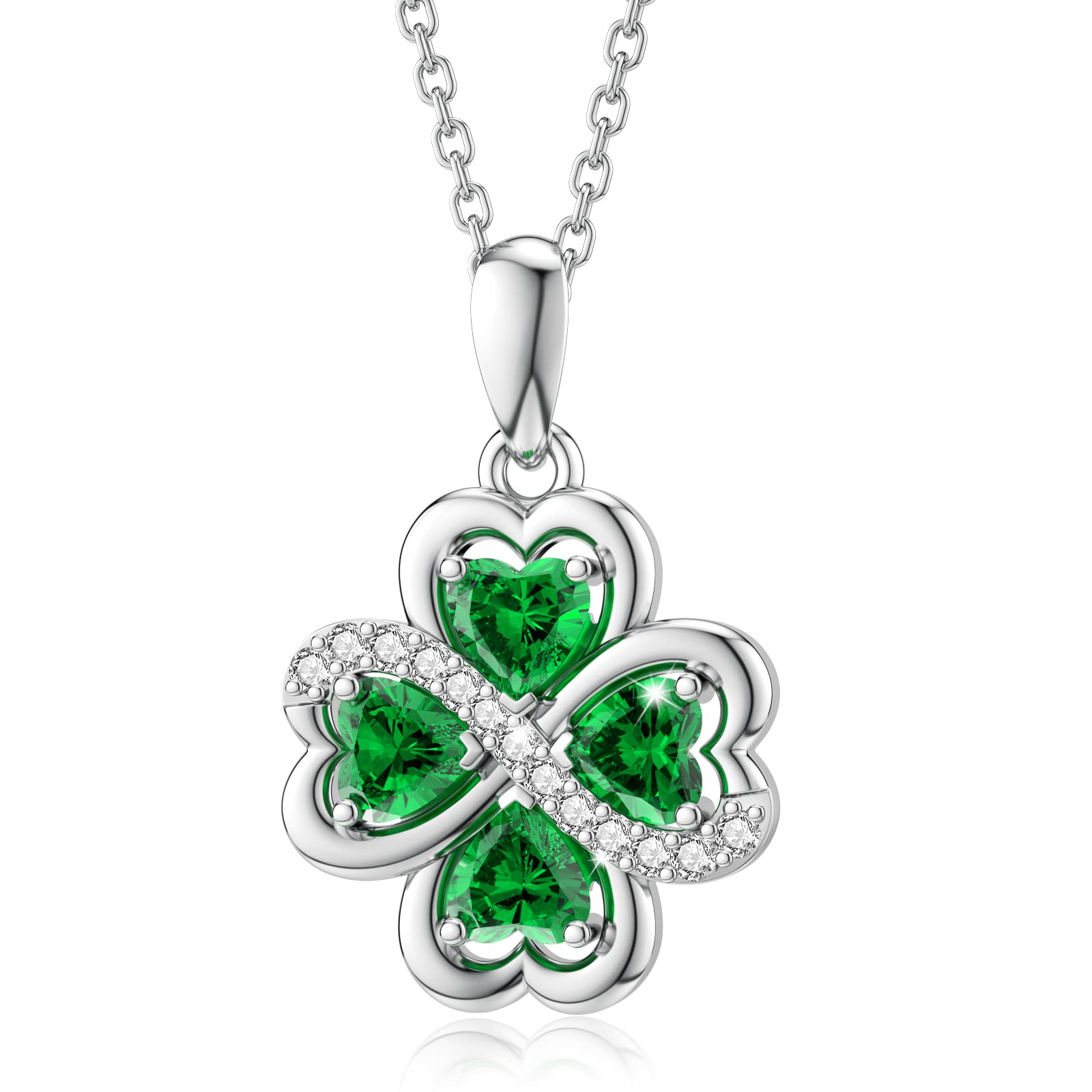 LANBEIDE Four Leaf Clover Necklace, 925 Sterling Silver Infinity Love Heart Clover Necklace with Emerald Cubic Zirconia for Women
