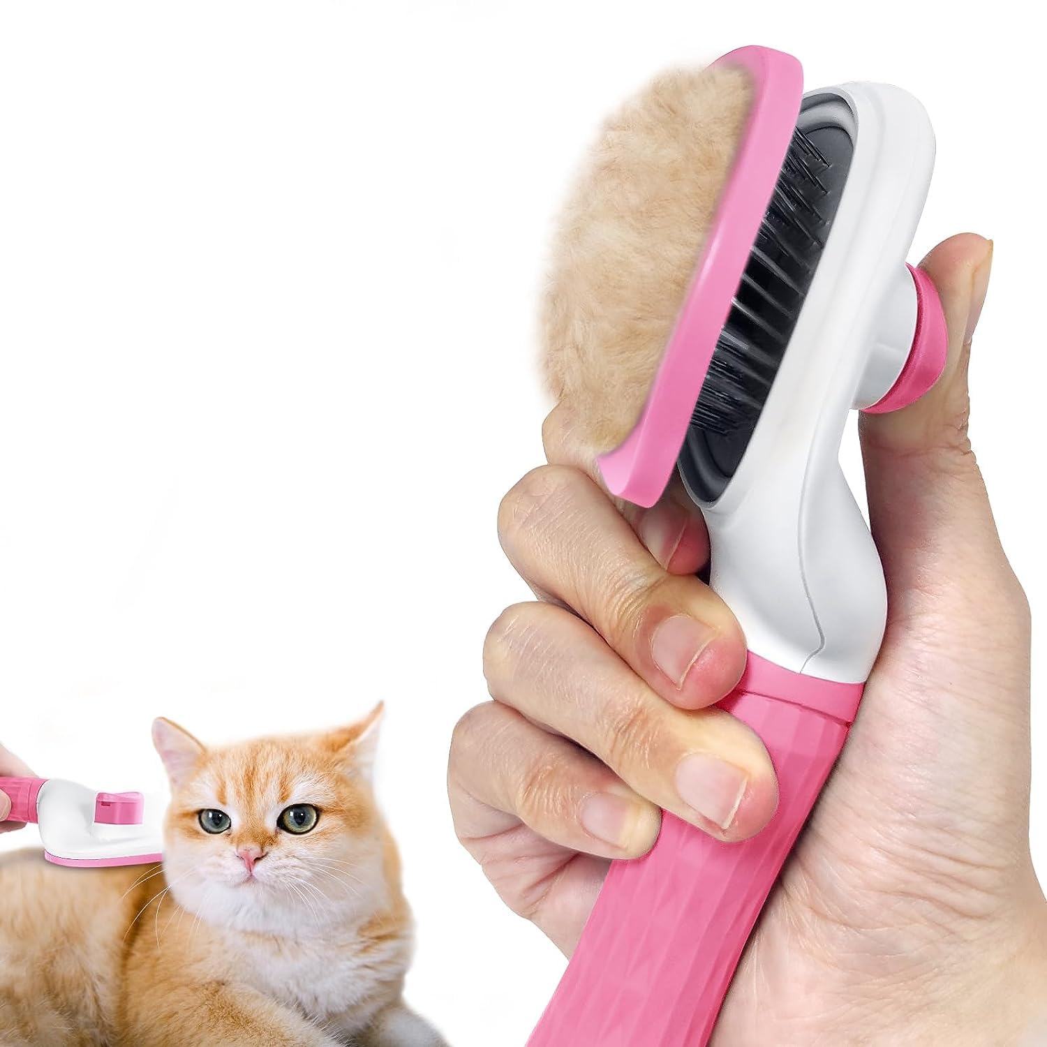 Self Cleaning Slicker Brush - Cat & Dog Grooming Comb with Smooth Handle & Cleaning Button - Massages & Removes Shedding - Pink