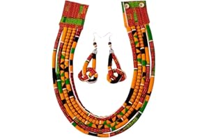 BintaRealWax African Necklace Earrings Set Ankara Fabric Print Multilayer Woven Rope Choker Layered Strand Collar