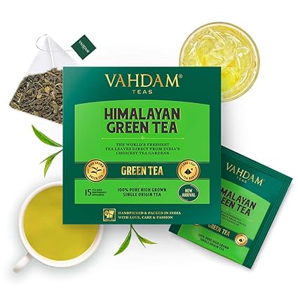 VAHDAM, Organic Green Tea Bags- 15 Count | Green Tea for Weightloss | Long Green Tea Leaf in Pyramid Shaped Tea Bags | Green Tea Bag from Himalayas- 30g