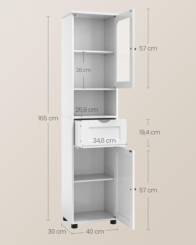 Mueble Baño, Armario Alto, Puerta de Cristal, Estrecho, con Patas