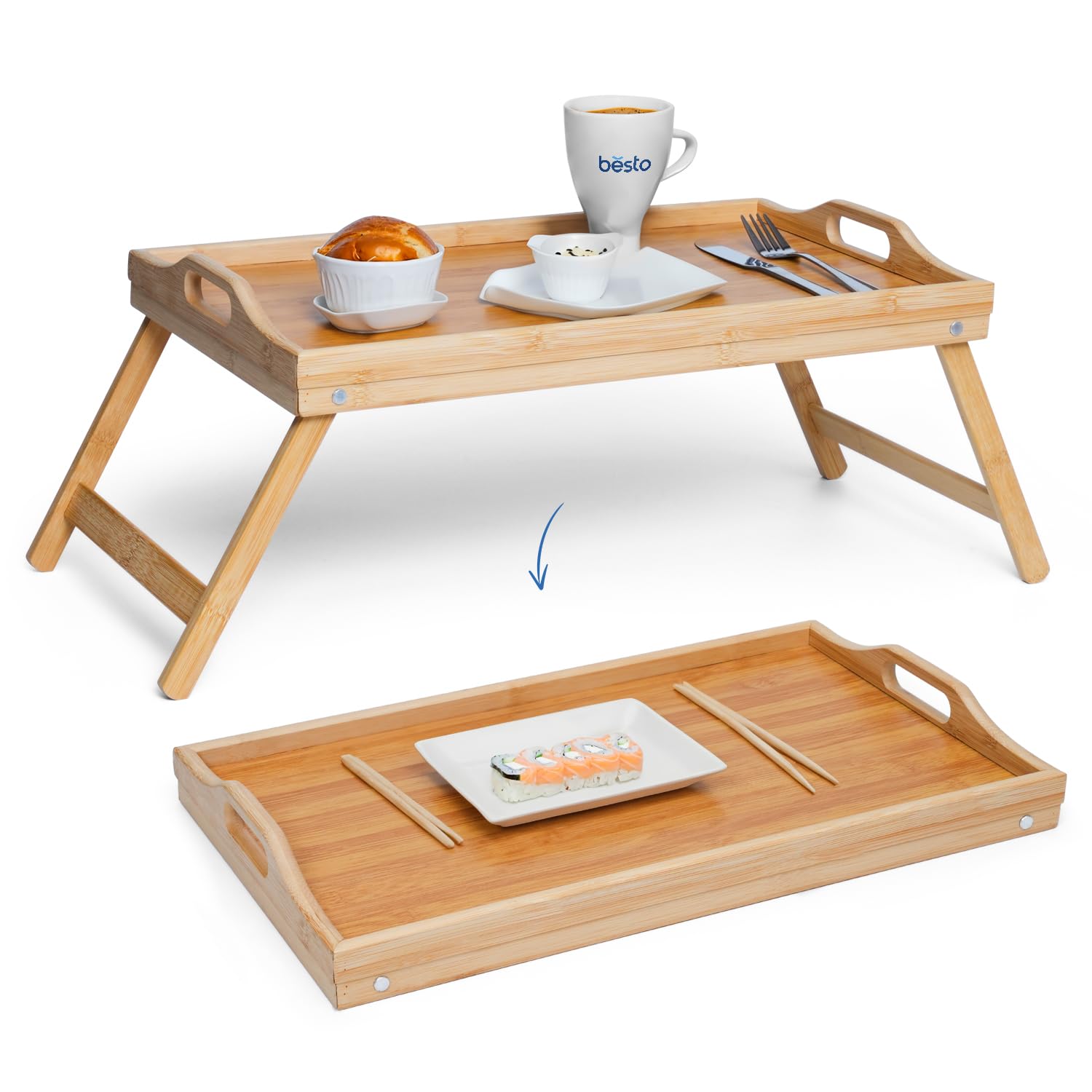 Bamboo Bed Tray Table with Folding Legs & Handles, 50 X 30 X 23.5cm, Multipurpose, Breakfast & Lap Tray, Ideal for Sofa & Bed