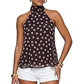 Cioatin Women Cute Polka Dot Mesh Halter Tops Flowy Peplum Tank Sexy Open Back Y2K Tie Up Mock Neck Cami Shirt Casual Summer
