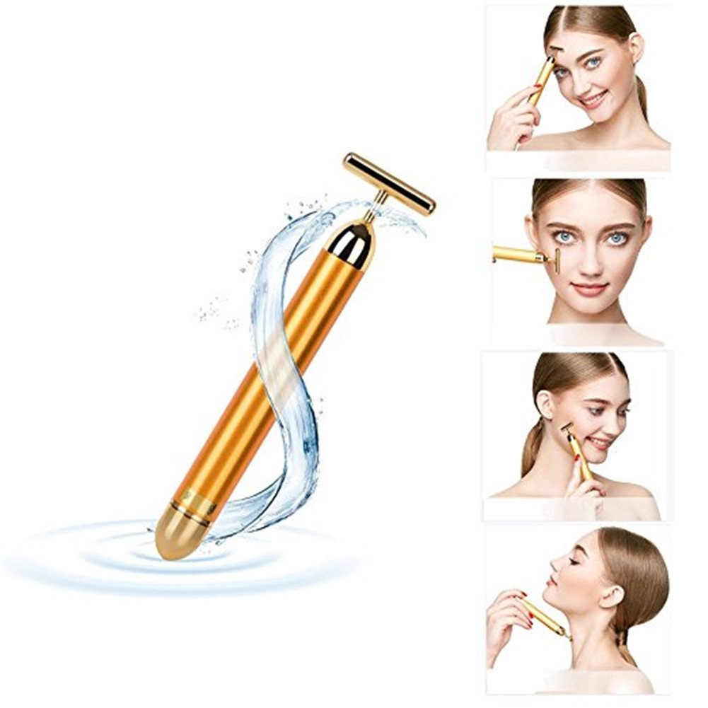 Zinnor Beauty Bar 24K Golden Pulse Waterproof T Shape Facial Roller Skin Care Beauty Massager Anti-Aging Face Massage Tools for Sensitive Skin Face Pull Tight Firming Lift (T Shape Facial Roller)