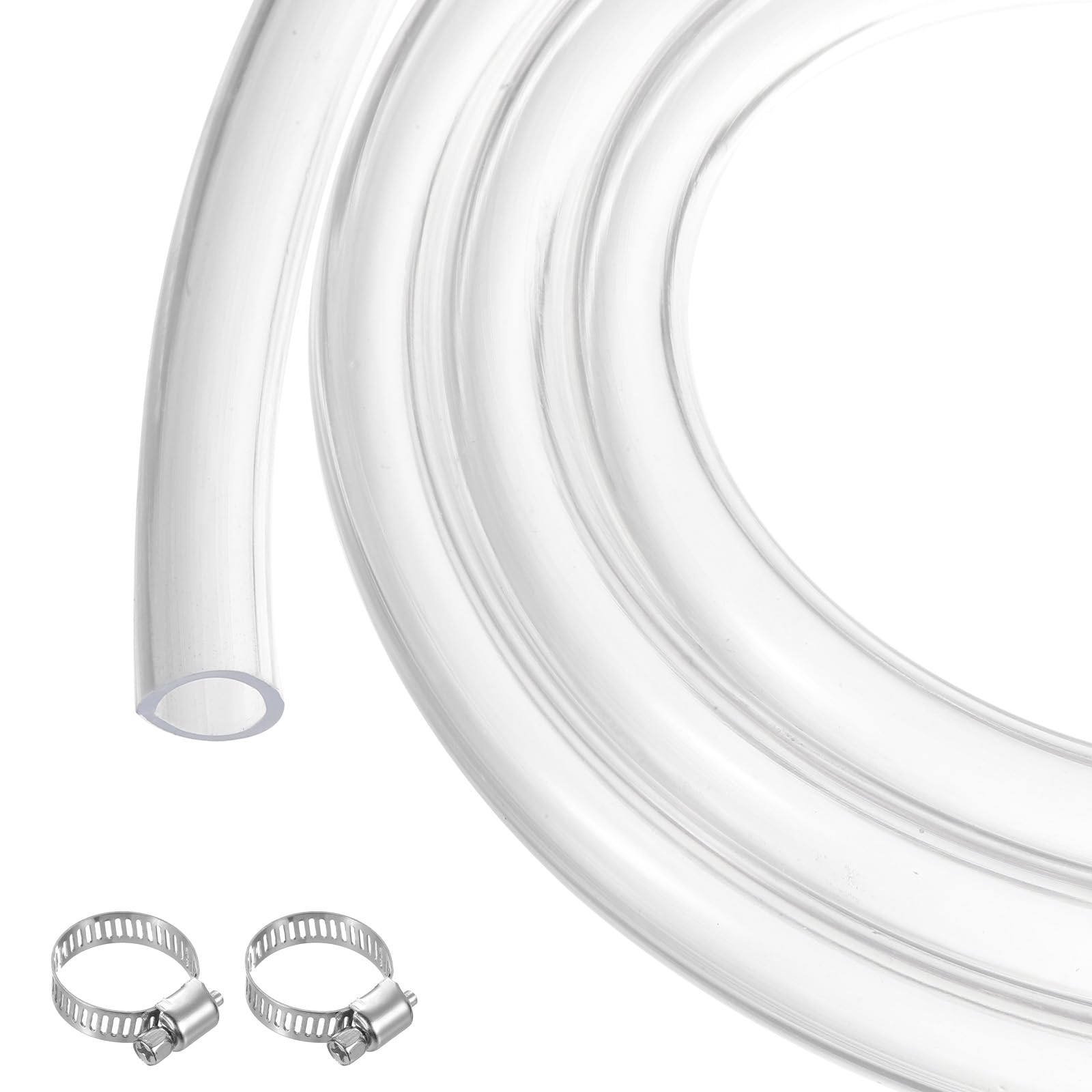 Rebower 25ft 9.5mm x 12.7mm Clear Plastic PVC Tubing Flexible Vinyl Tube, [for Garden Irrigation, Water Hose, Fish Tank, Aquarium] - 3/8" x 1/2" / with 2Pcs Clamps