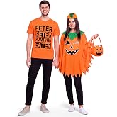 Mepase 4 Pcs Couples Funny Halloween Pumpkin Costume for Adult,Pumpkin | Women Pumpkin Poncho with Headband and Bag, Men Novelty T Shirt, Easy to Wear for Trick or Treat, One Size Fit Most Adults