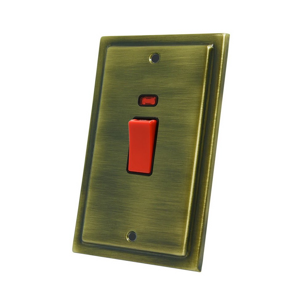 AET VABCSWBLT Victorian Antique Brass 45A Tall Plate-45 Amp DP Cooker Switch w/Neon Indicator 2-Gang Plate