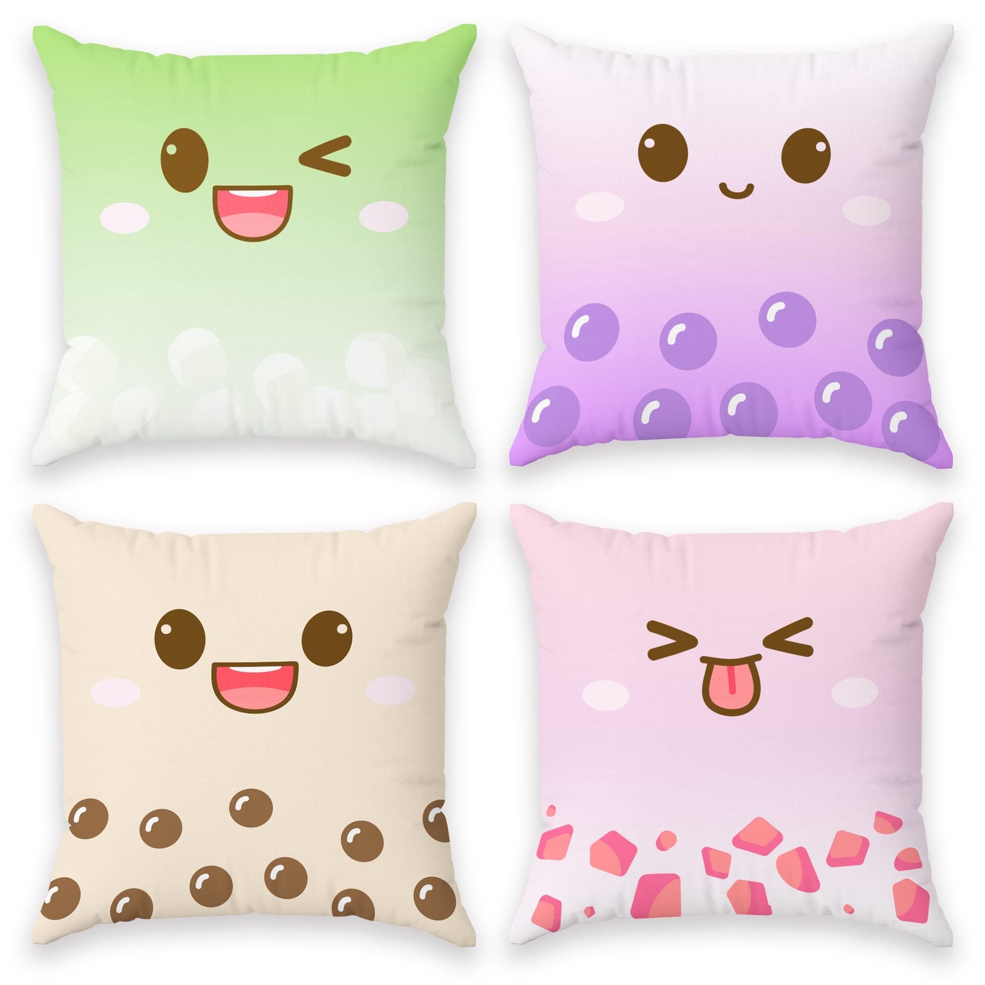 BelugaDesign Cute Throw Pillow Cushion Cases | 4 Pack Boba Bubble Tea Anime Cartoon Chibi Faces | Kawaii Decorative Living Room Decor Set | Soft Plush Decorative Pillows (18x18, 4 Multi-Color)